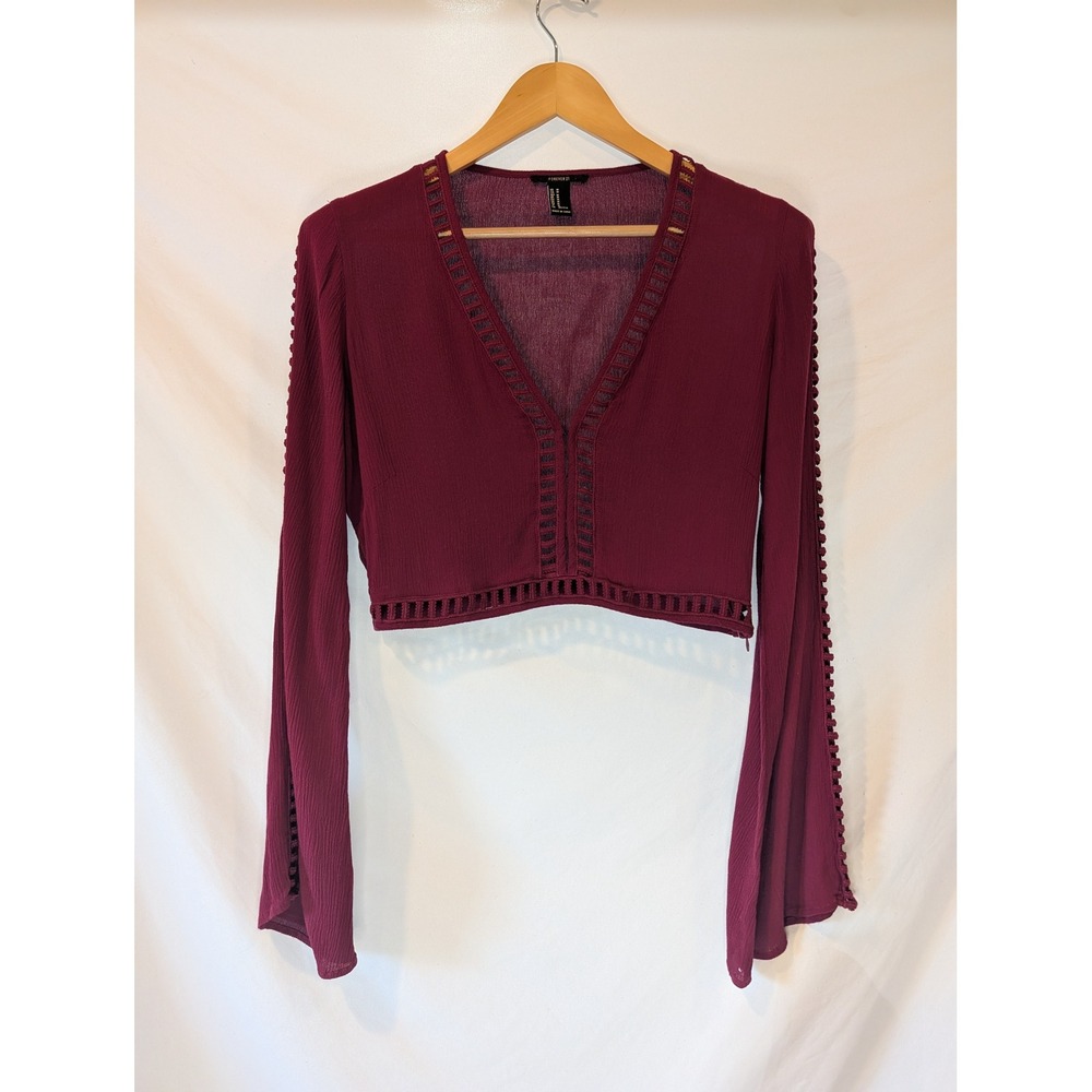 Forever 21 Burgundy Crochet Trim Long Bell Sleeve Crop Top Blouse Small